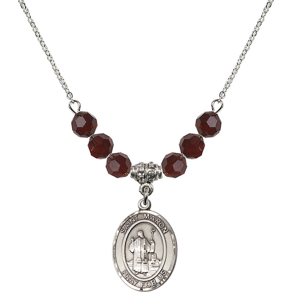 Sterling Silver Saint Maron Birthstone Necklace with Garnet Beads - 8417