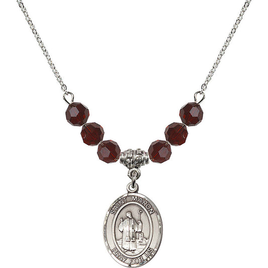 Sterling Silver Saint Maron Birthstone Necklace with Garnet Beads - 8417