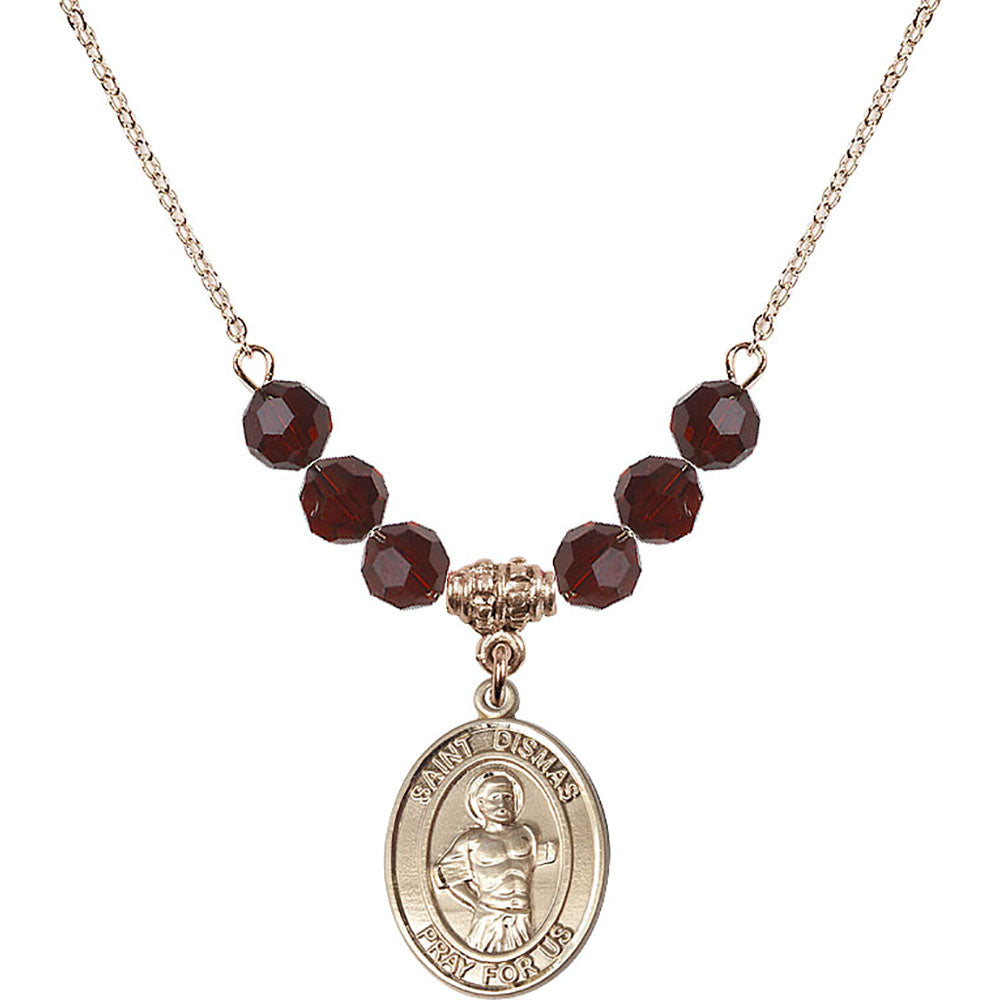 14kt Gold Filled Saint Dismas Birthstone Necklace with Garnet Beads - 8418