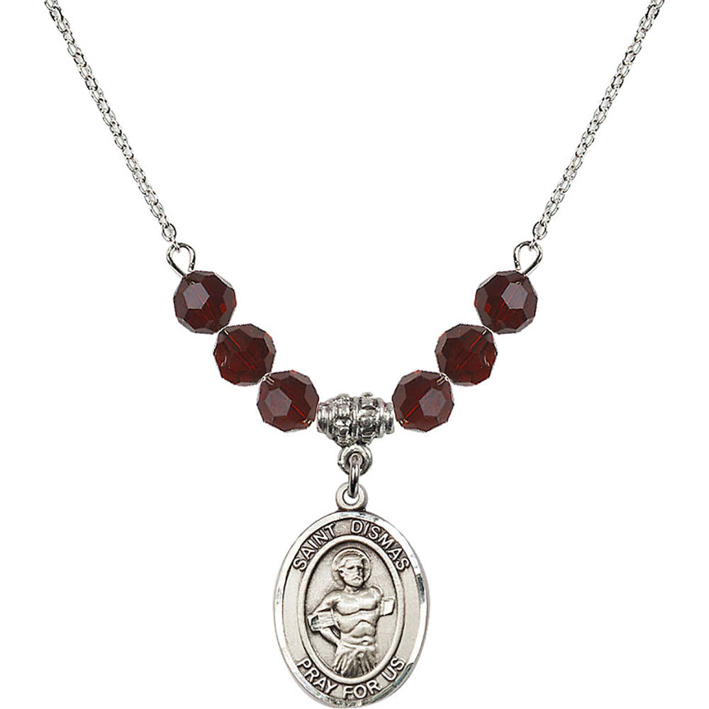 Sterling Silver Saint Dismas Birthstone Necklace with Garnet Beads - 8418