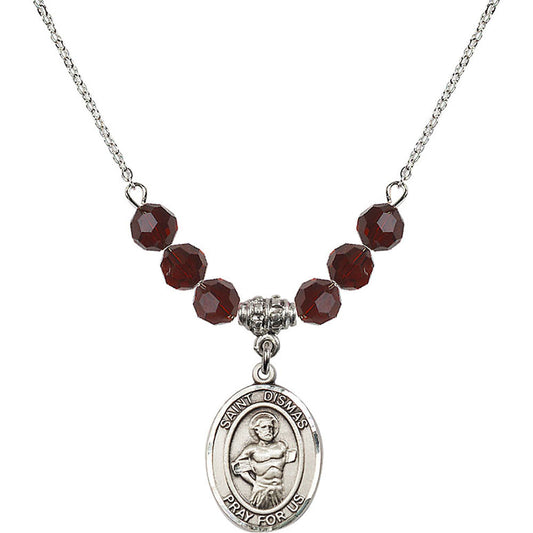 Sterling Silver Saint Dismas Birthstone Necklace with Garnet Beads - 8418