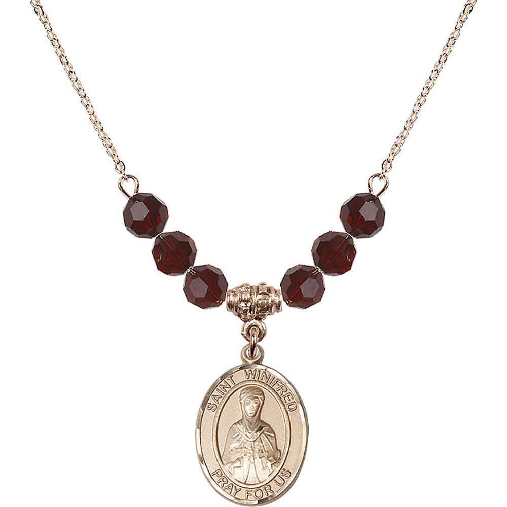 14kt Gold Filled Saint Winifred of Wales Birthstone Necklace with Garnet Beads - 8419