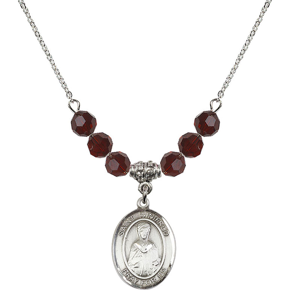 Sterling Silver Saint Winifred of Wales Birthstone Necklace with Garnet Beads - 8419