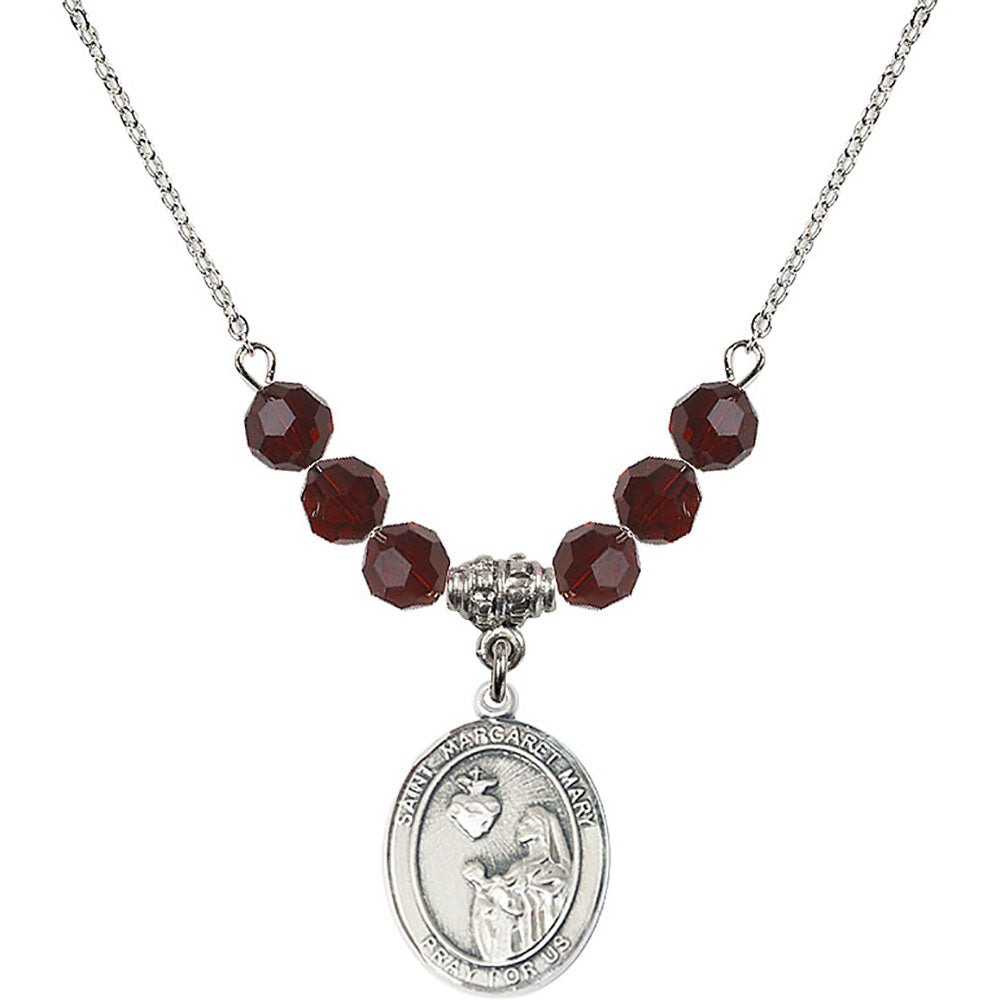 Sterling Silver Saint Margaret Mary Alacoque Birthstone Necklace with Garnet Beads - 8420