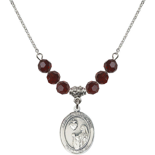Sterling Silver Saint Margaret Mary Alacoque Birthstone Necklace with Garnet Beads - 8420