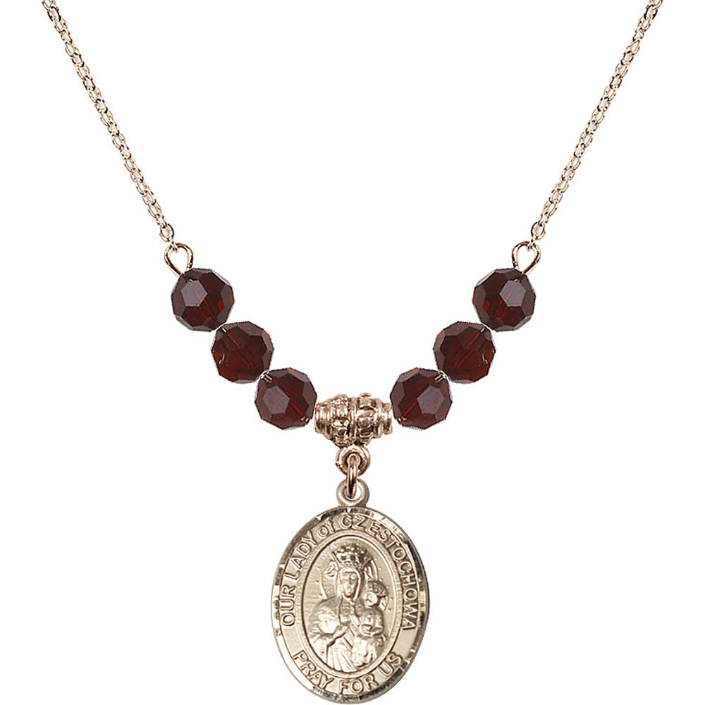 14kt Gold Filled Our Lady of Czestochowa Birthstone Necklace with Garnet Beads - 8421