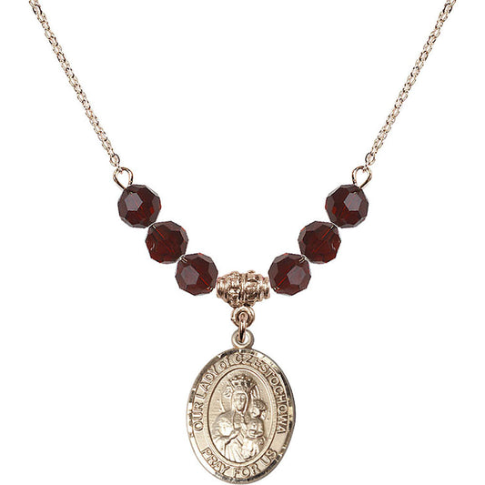 14kt Gold Filled Our Lady of Czestochowa Birthstone Necklace with Garnet Beads - 8421