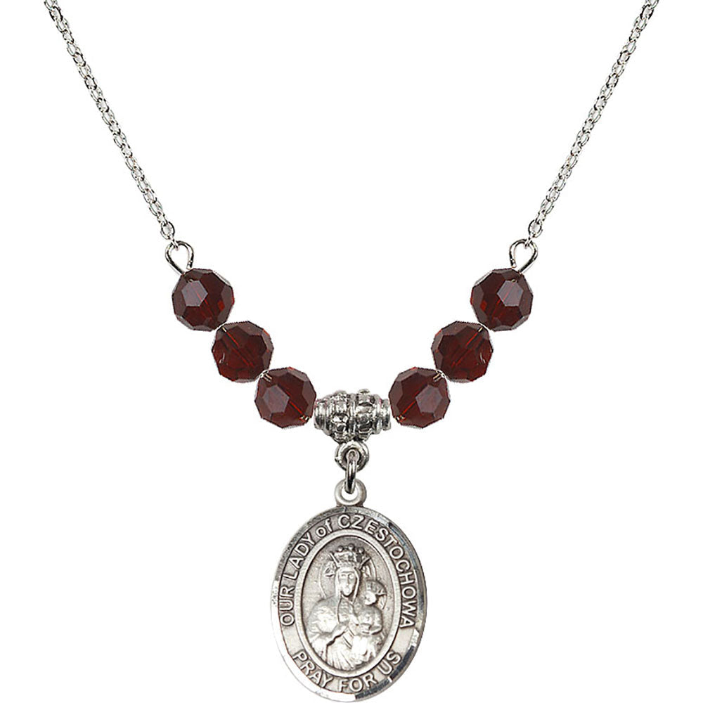 Sterling Silver Our Lady of Czestochowa Birthstone Necklace with Garnet Beads - 8421