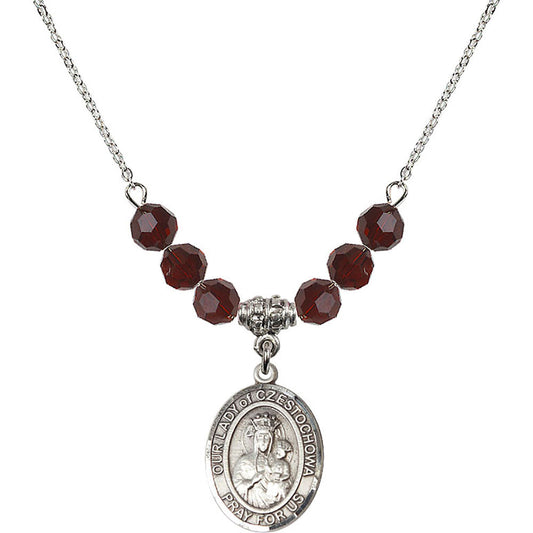 Sterling Silver Our Lady of Czestochowa Birthstone Necklace with Garnet Beads - 8421