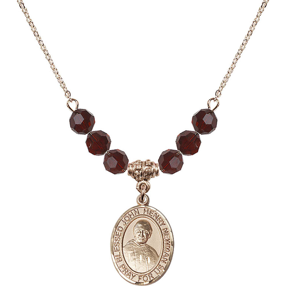 14kt Gold Filled Blessed John Henry Newman Birthstone Necklace with Garnet Beads - 8423