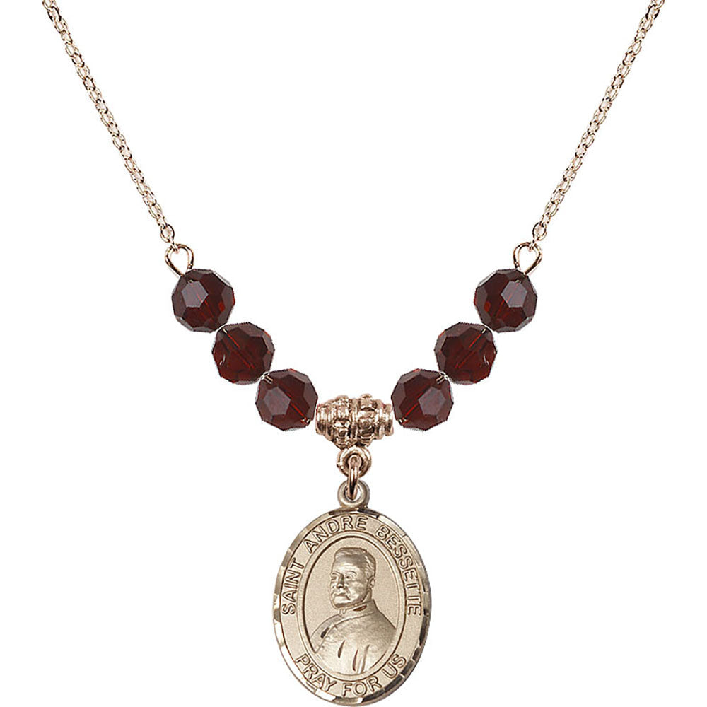 14kt Gold Filled Saint Andre Bessette Birthstone Necklace with Garnet Beads - 8424
