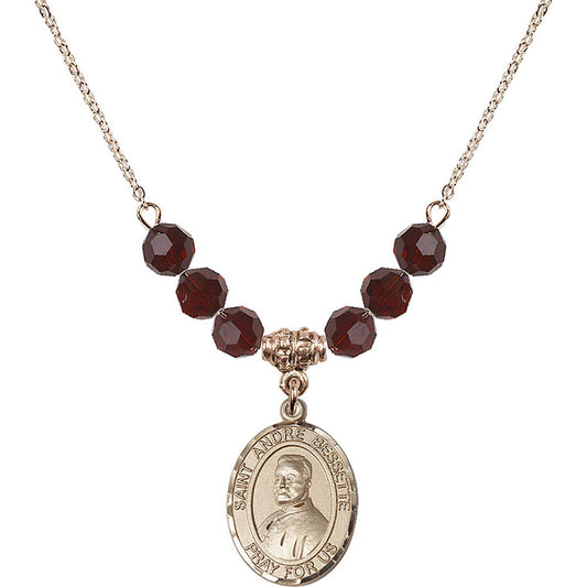 14kt Gold Filled Saint Andre Bessette Birthstone Necklace with Garnet Beads - 8424
