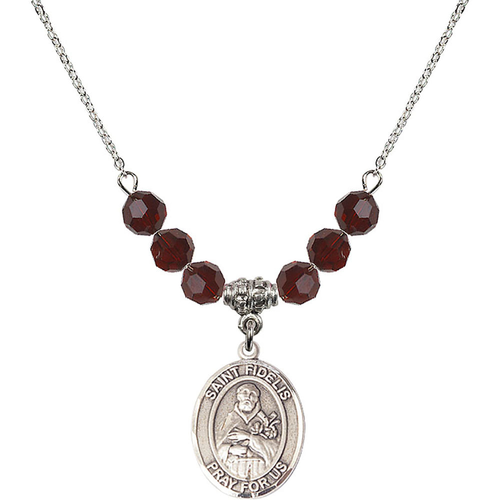 Sterling Silver Saint Fidelis Birthstone Necklace with Garnet Beads - 8426