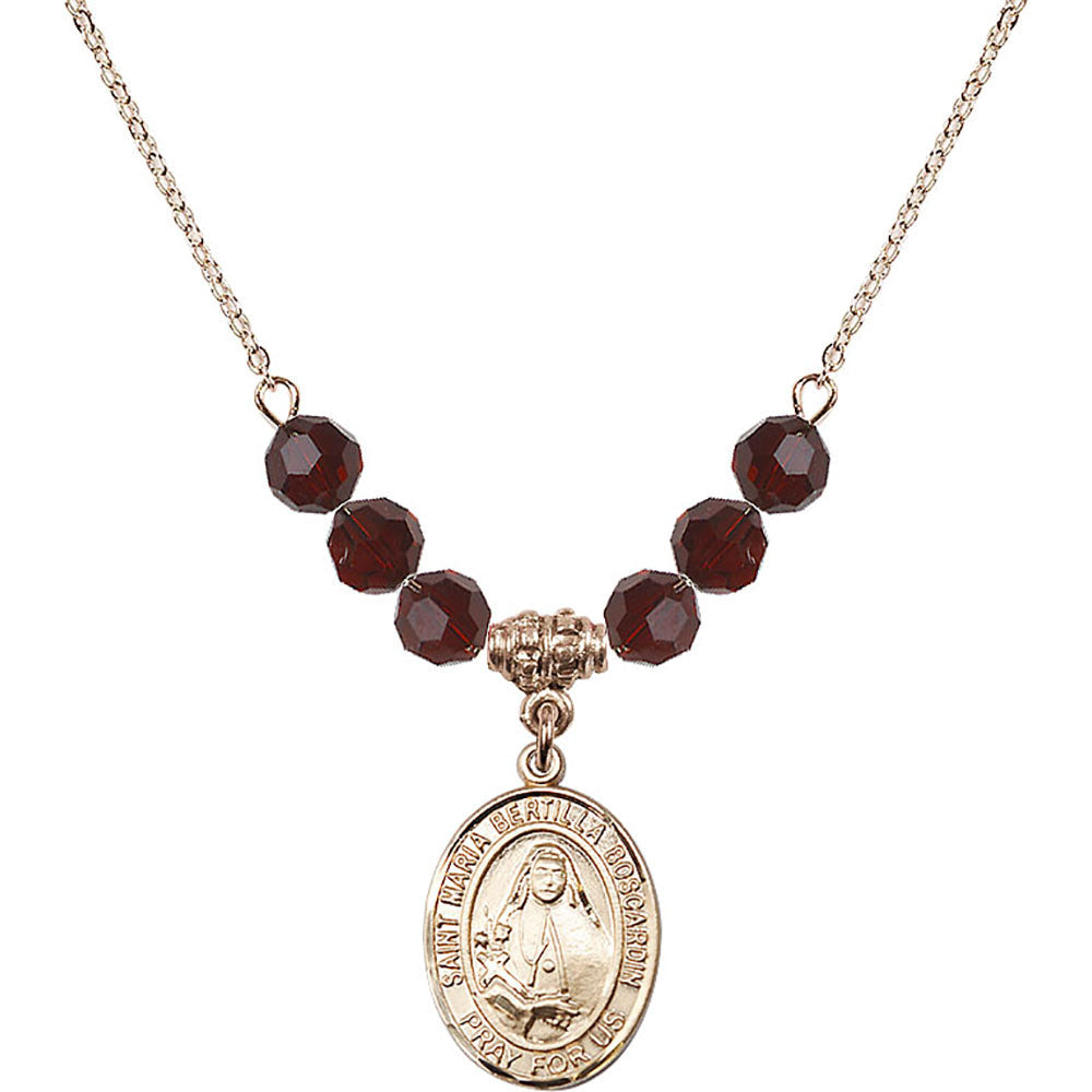 14kt Gold Filled Saint Maria Bertilla Boscardin Birthstone Necklace with Garnet Beads - 8428