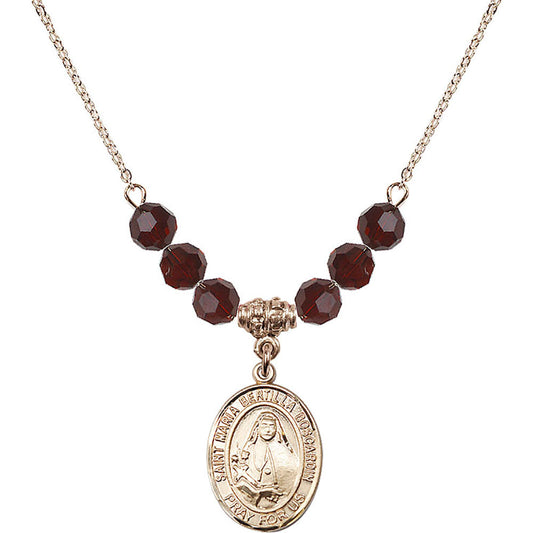 14kt Gold Filled Saint Maria Bertilla Boscardin Birthstone Necklace with Garnet Beads - 8428