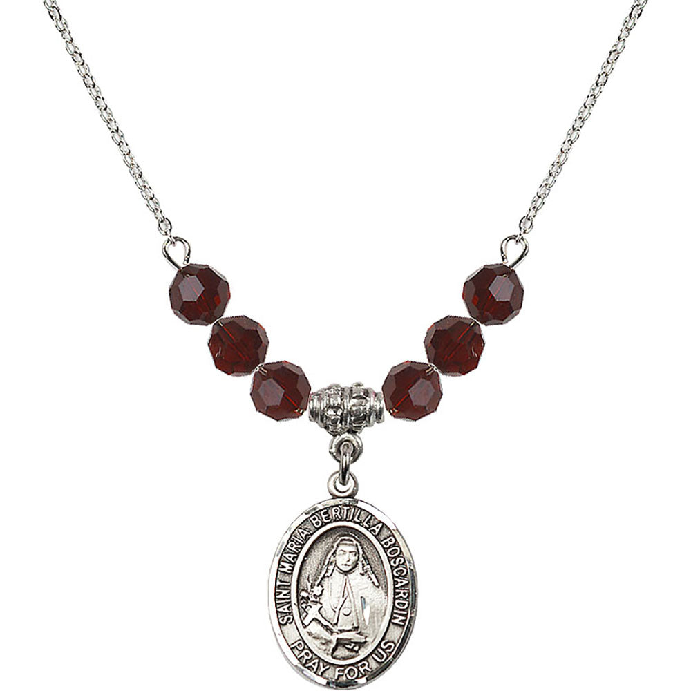 Sterling Silver Saint Maria Bertilla Boscardin Birthstone Necklace with Garnet Beads - 8428