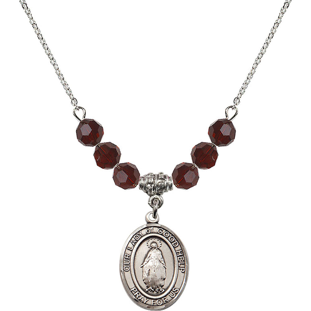 Sterling Silver Our Lady Of Good Help Birthstone Necklace with Garnet Beads - 8431