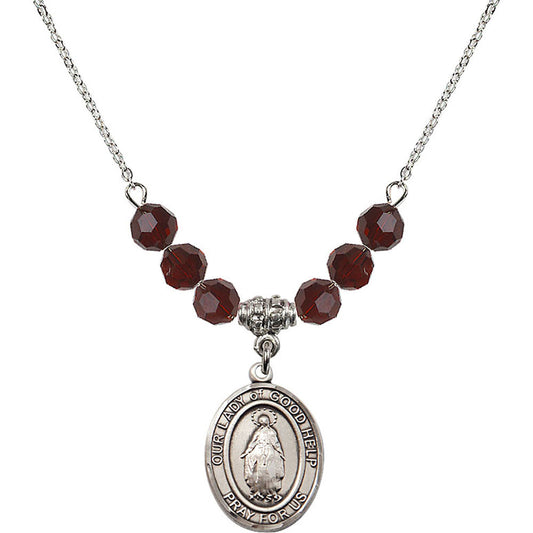 Sterling Silver Our Lady Of Good Help Birthstone Necklace with Garnet Beads - 8431