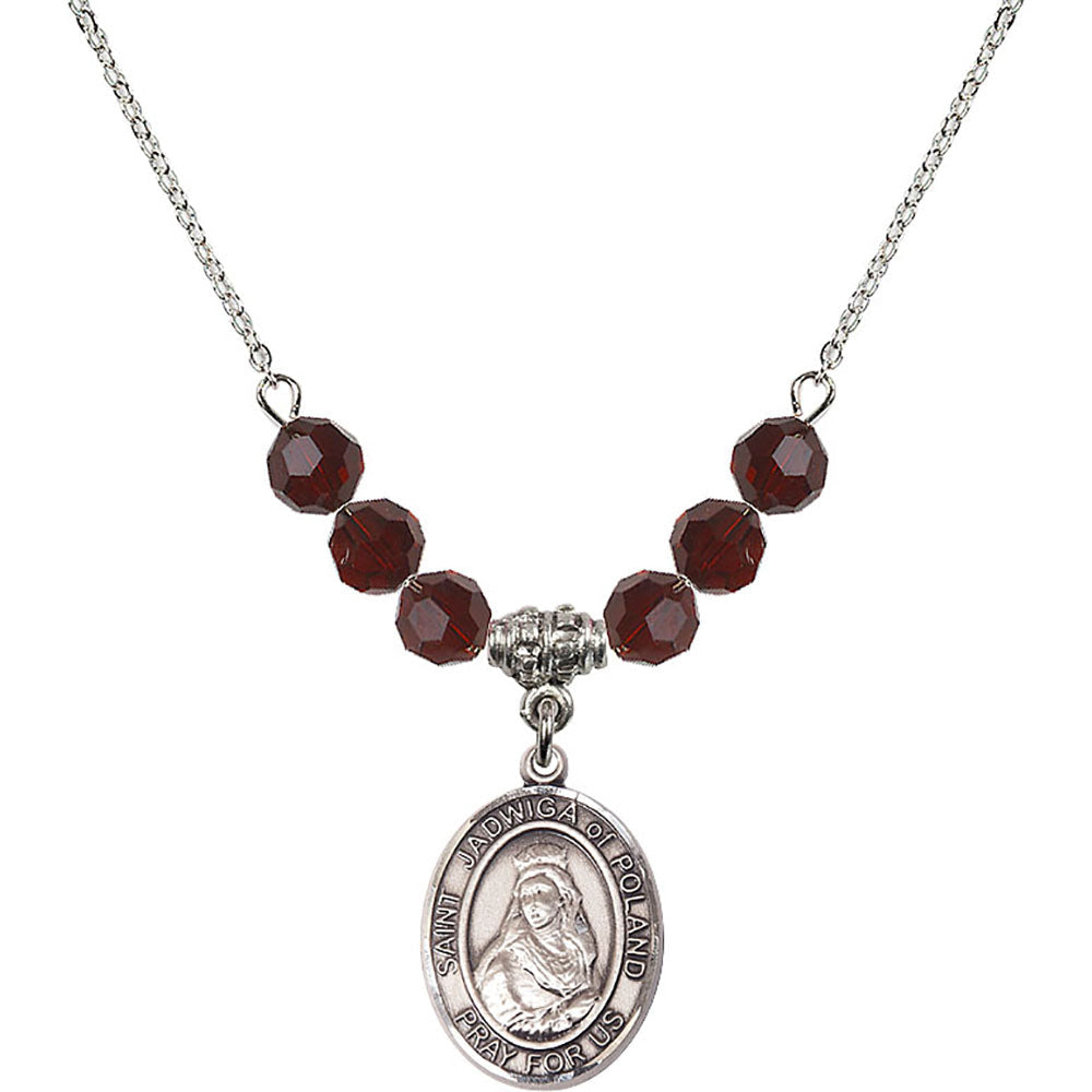 Sterling Silver Saint Jadwiga of Poland Birthstone Necklace with Garnet Beads - 8434