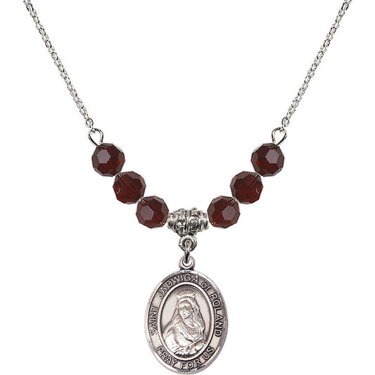 Sterling Silver Saint Jadwiga of Poland Birthstone Necklace with Garnet Beads - 8434