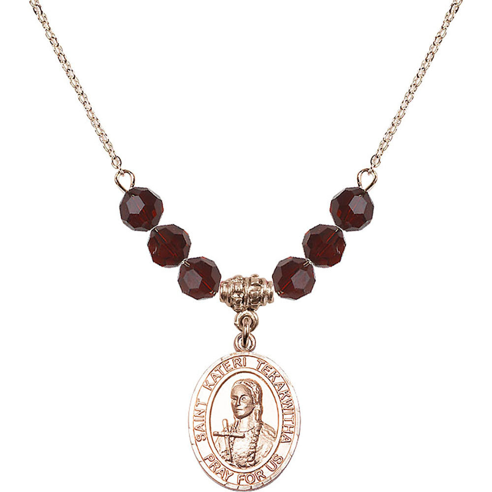 14kt Gold Filled Saint Kateri Tekakwitha Birthstone Necklace with Garnet Beads - 8438