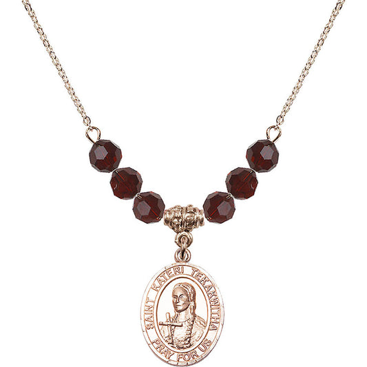 14kt Gold Filled Saint Kateri Tekakwitha Birthstone Necklace with Garnet Beads - 8438