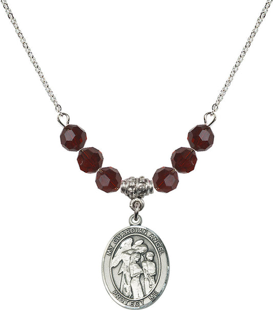 Sterling Silver Guardian Angel w/Children Birthstone Necklace with Garnet Beads - 8439