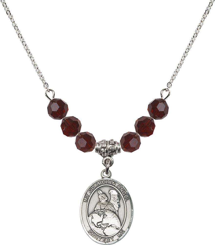 Sterling Silver Guardian Angel Protector Birthstone Necklace with Garnet Beads - 8440