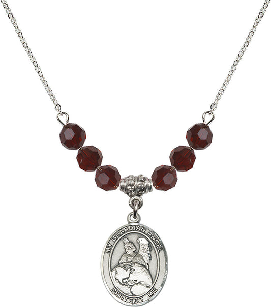 Sterling Silver Guardian Angel Protector Birthstone Necklace with Garnet Beads - 8440