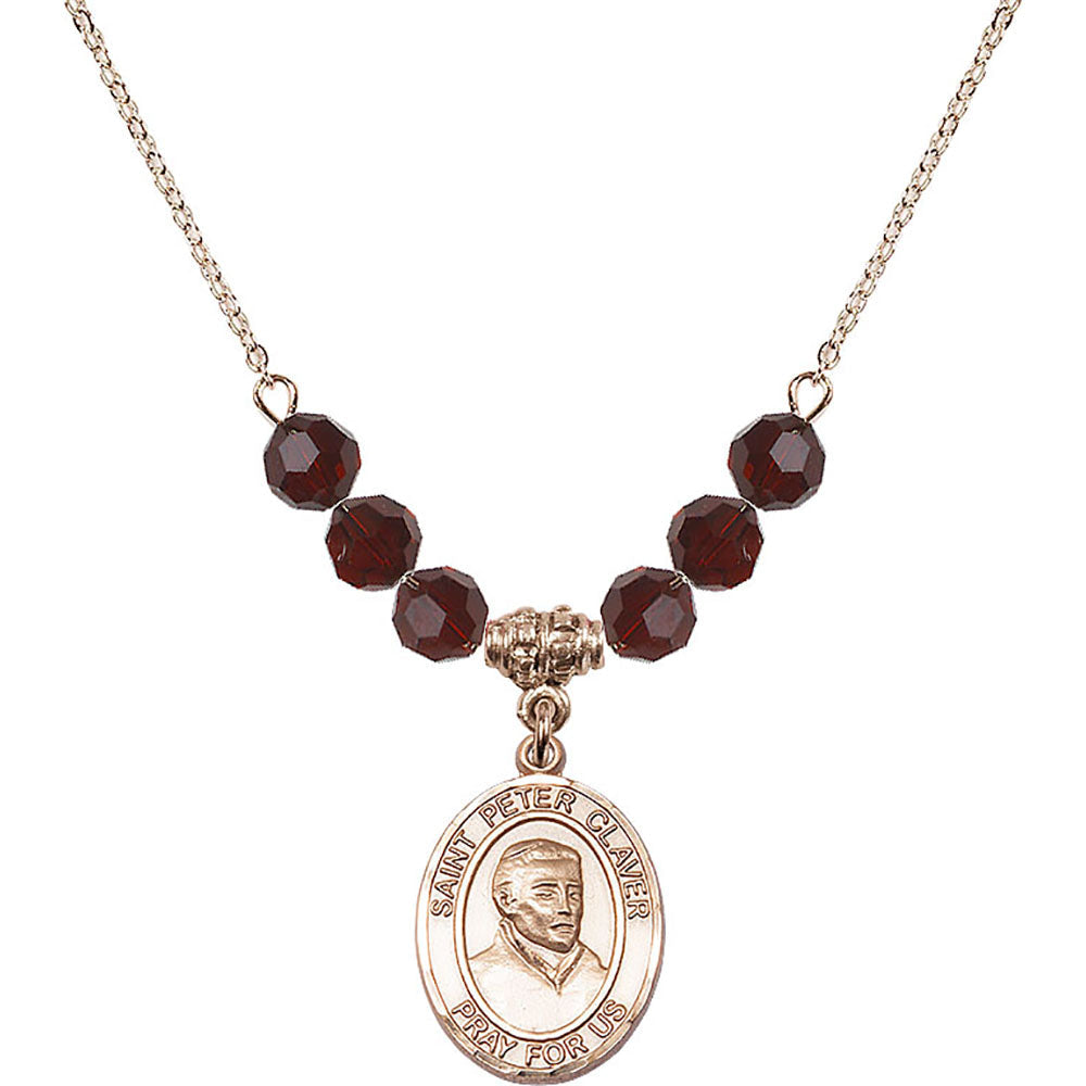 14kt Gold Filled Saint Peter Claver Birthstone Necklace with Garnet Beads - 8442