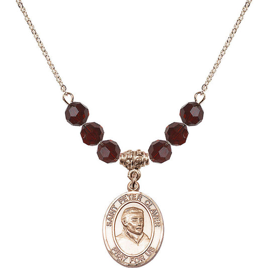 14kt Gold Filled Saint Peter Claver Birthstone Necklace with Garnet Beads - 8442