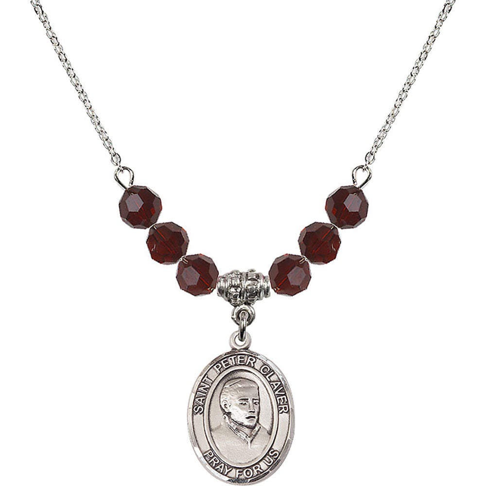 Sterling Silver Saint Peter Claver Birthstone Necklace with Garnet Beads - 8442