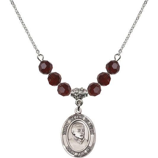 Sterling Silver Saint Peter Claver Birthstone Necklace with Garnet Beads - 8442