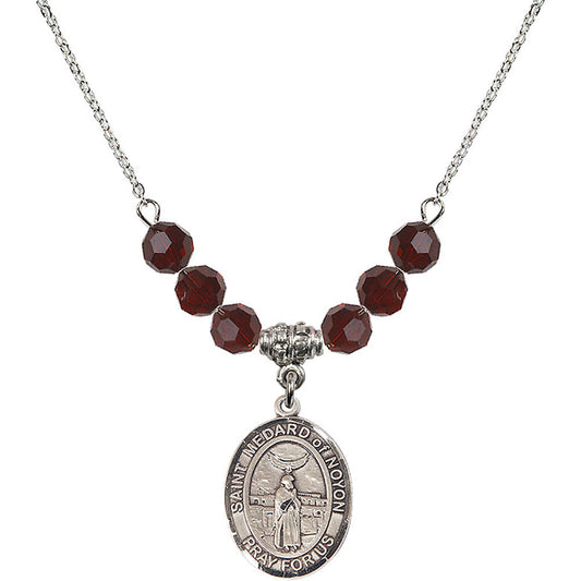 Sterling Silver Saint Medard of Noyon Birthstone Necklace with Garnet Beads - 8444