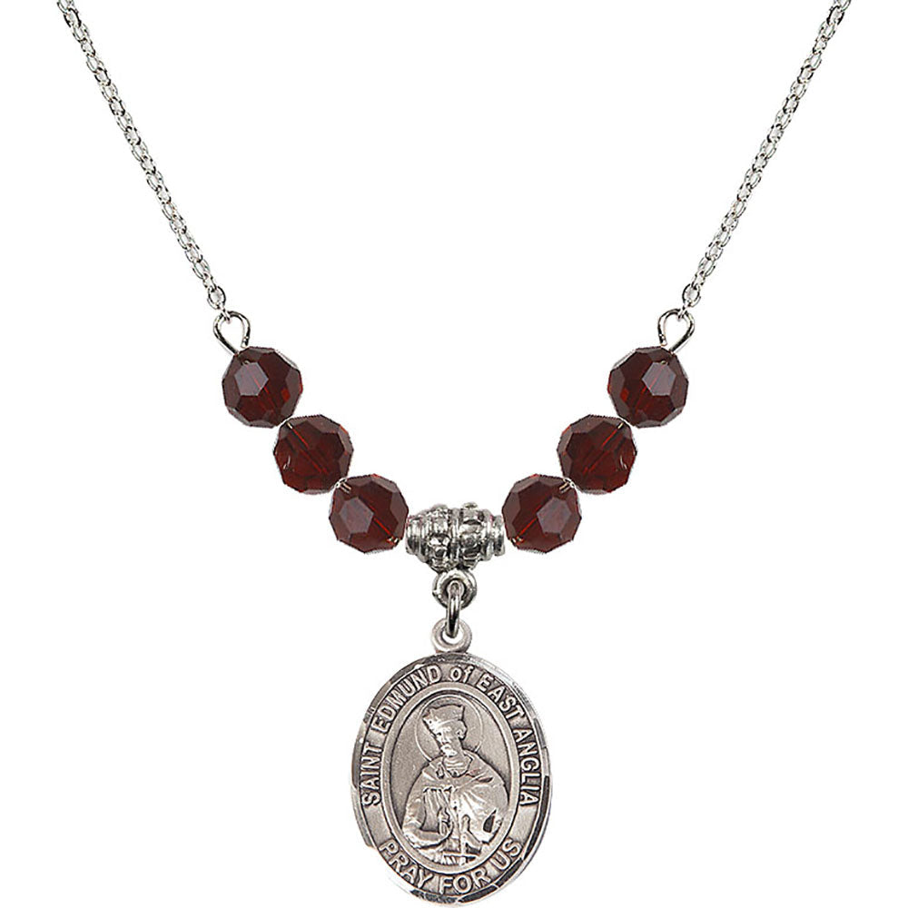 Sterling Silver Saint Edmund of East Anglia Birthstone Necklace with Garnet Beads - 8445