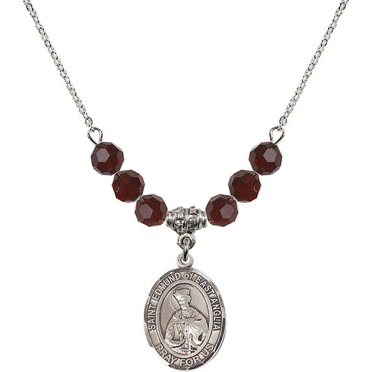 Sterling Silver Saint Edmund of East Anglia Birthstone Necklace with Garnet Beads - 8445