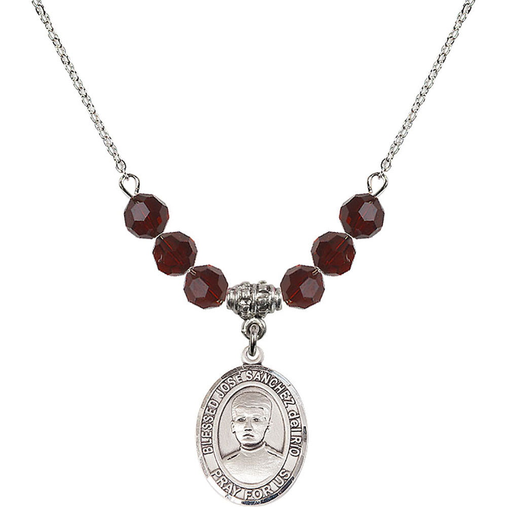 Sterling Silver Blessed Jose Sanchez del Rio Birthstone Necklace with Garnet Beads - 8446