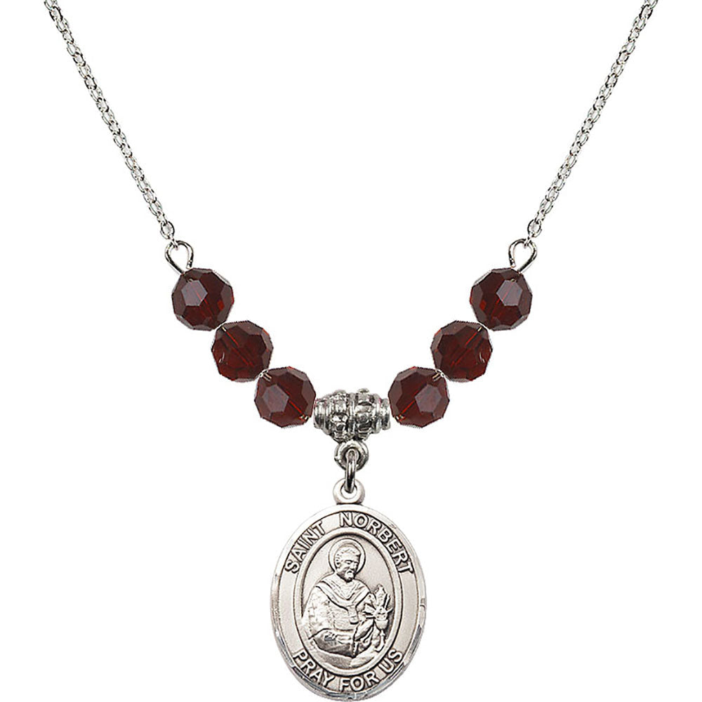 Sterling Silver Saint Norbert of Xanten Birthstone Necklace with Garnet Beads - 8447