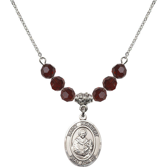 Sterling Silver Saint Norbert of Xanten Birthstone Necklace with Garnet Beads - 8447