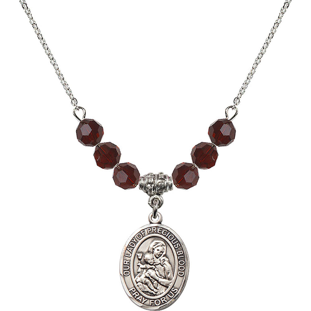 Sterling Silver Our Lady of the Precious Blood Birthstone Necklace with Garnet Beads - 8448