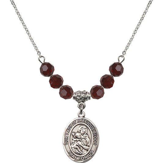 Sterling Silver Our Lady of the Precious Blood Birthstone Necklace with Garnet Beads - 8448