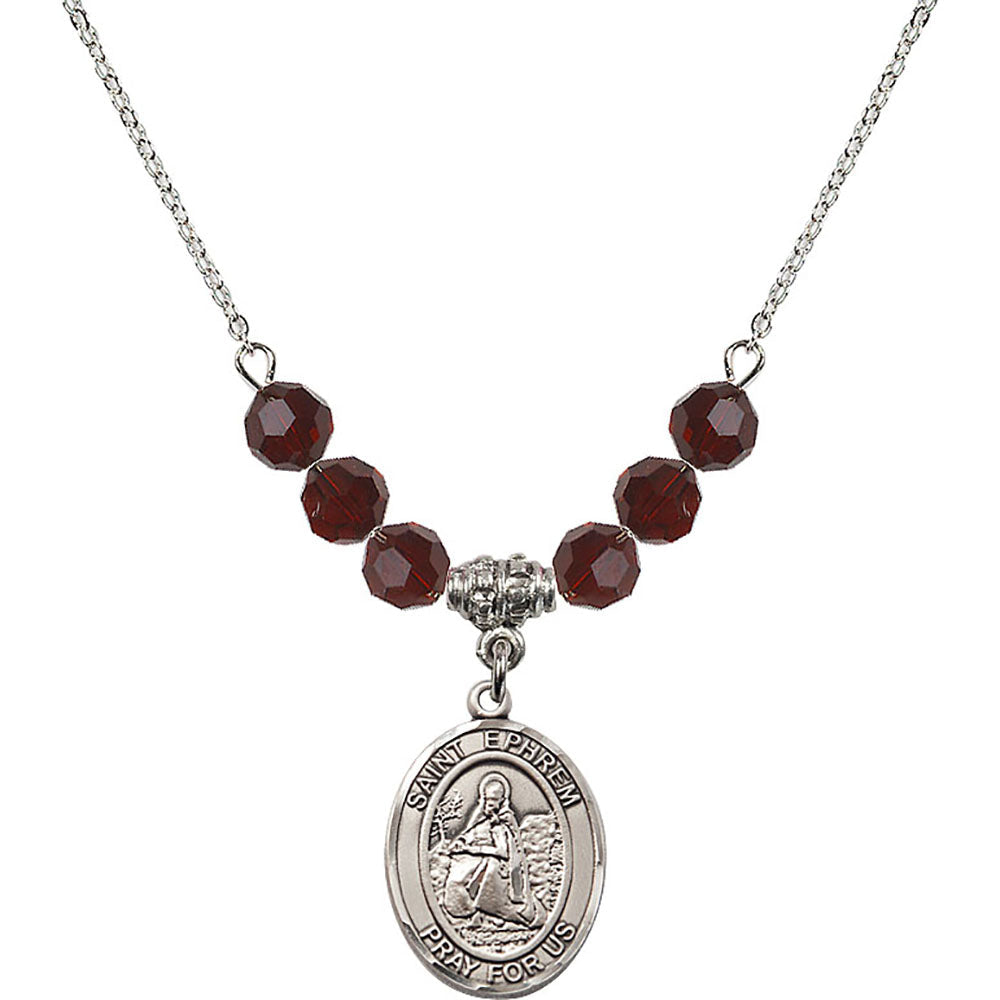 Sterling Silver Saint Ephrem Birthstone Necklace with Garnet Beads - 8449