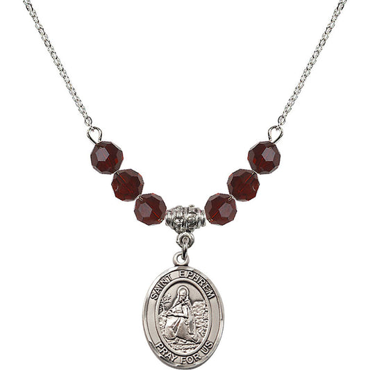 Sterling Silver Saint Ephrem Birthstone Necklace with Garnet Beads - 8449