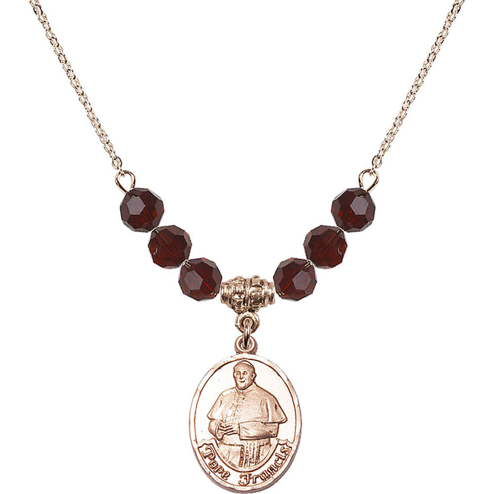 14kt Gold Filled Pope Francis Birthstone Necklace with Garnet Beads - 8451
