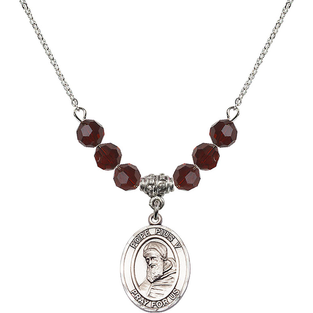 Sterling Silver Saint Pius V Birthstone Necklace with Garnet Beads - 8452