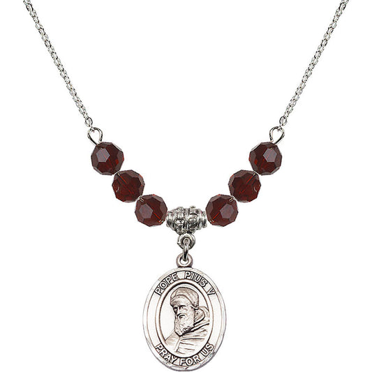 Sterling Silver Saint Pius V Birthstone Necklace with Garnet Beads - 8452