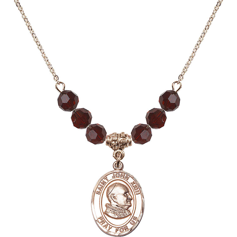 14kt Gold Filled Saint John XXIII Birthstone Necklace with Garnet Beads - 8455