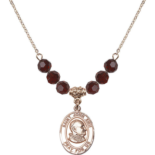 14kt Gold Filled Saint John XXIII Birthstone Necklace with Garnet Beads - 8455