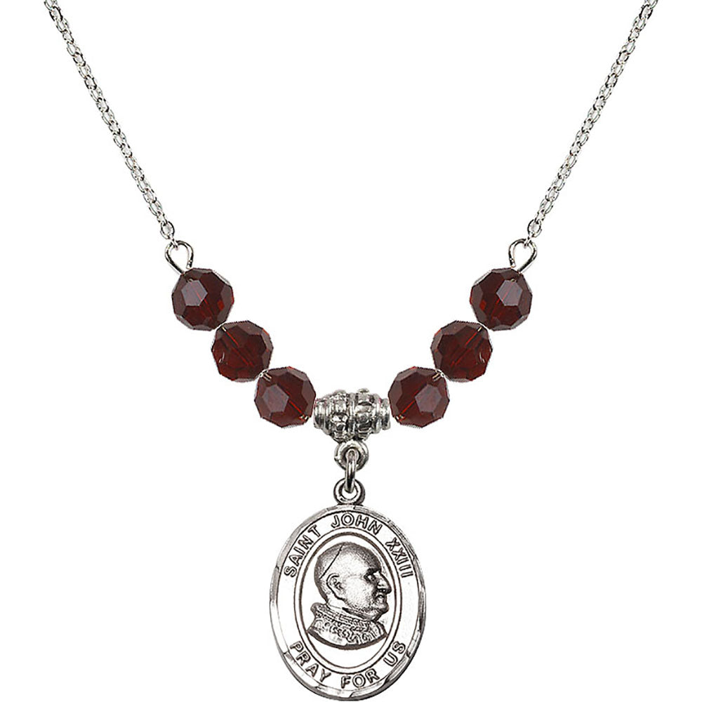 Sterling Silver Saint John XXIII Birthstone Necklace with Garnet Beads - 8455