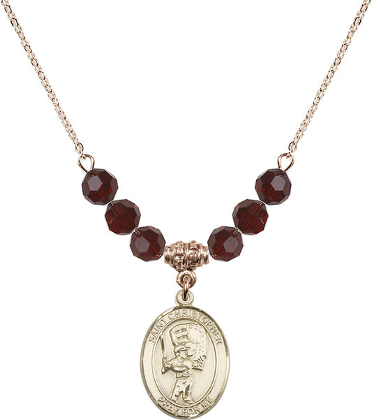 14kt Gold Filled Saint Christopher/Baseball Birthstone Necklace with Garnet Beads - 8500